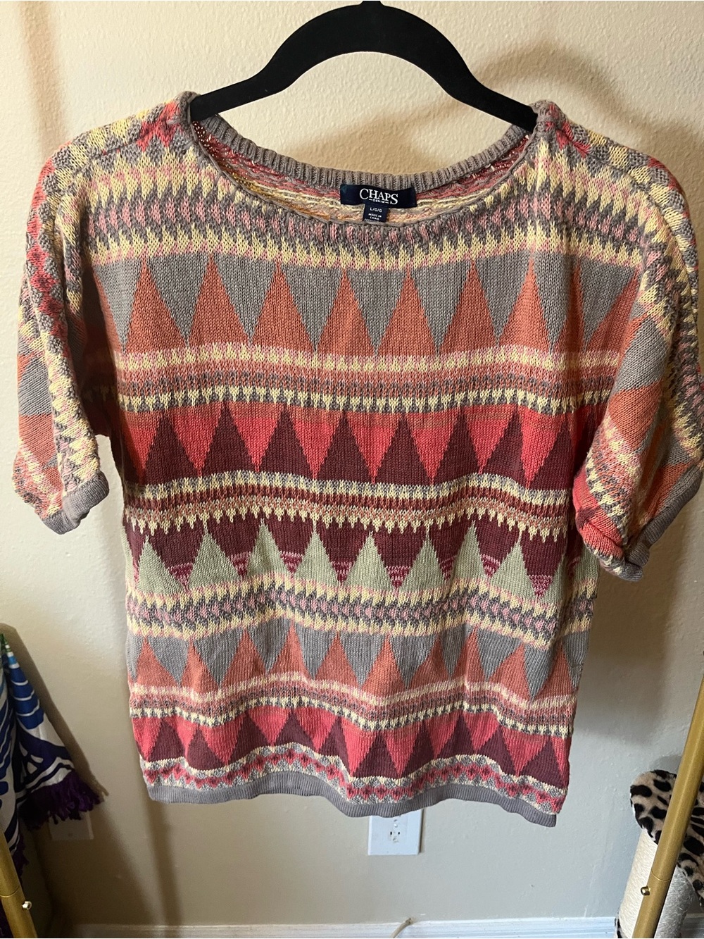 Chaps Multicolor Geometric Short-Sleeve Knit Top - Coral, Gray, Cream
